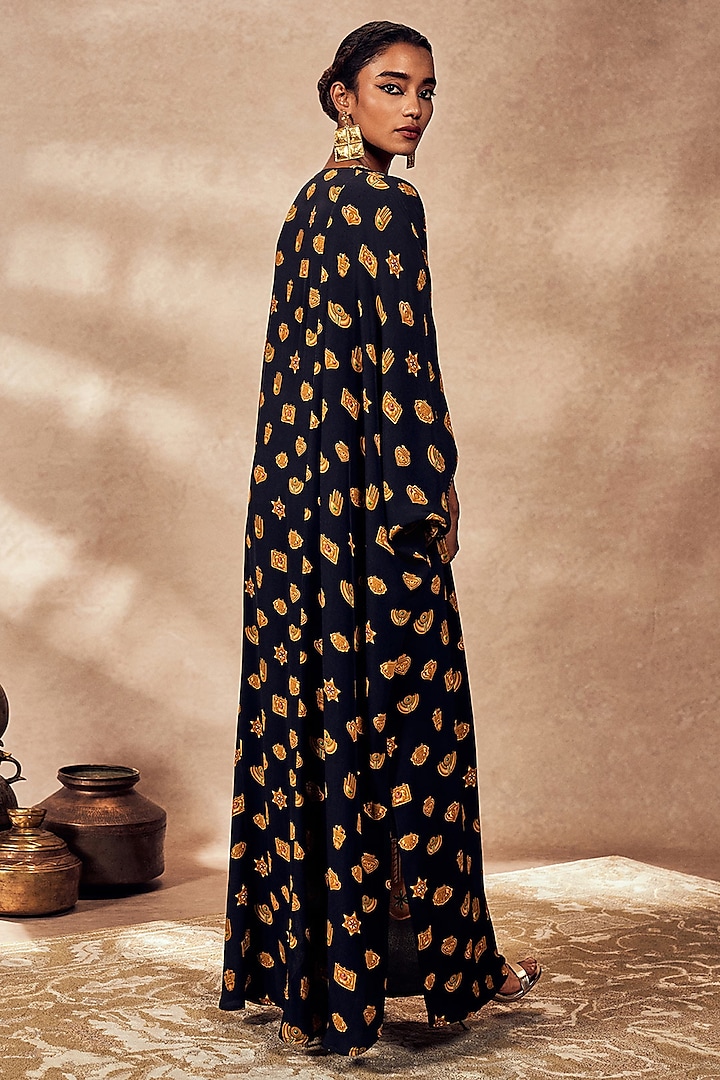 Black Crepe Silk Trinket Patchwork Kaftan by Masaba at Pernia's Pop Up Shop