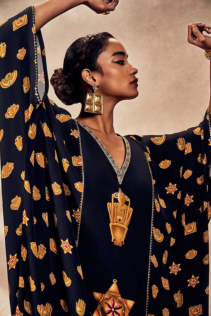 Black Crepe Silk Trinket Patchwork Kaftan by Masaba at Pernia's Pop Up Shop