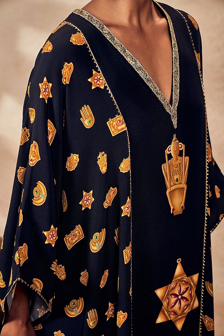 Black Crepe Silk Trinket Patchwork Kaftan by Masaba at Pernia's Pop Up Shop