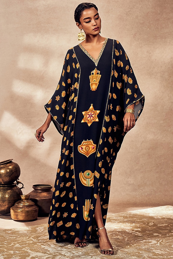 Black Crepe Silk Trinket Patchwork Kaftan by Masaba at Pernia's Pop Up Shop