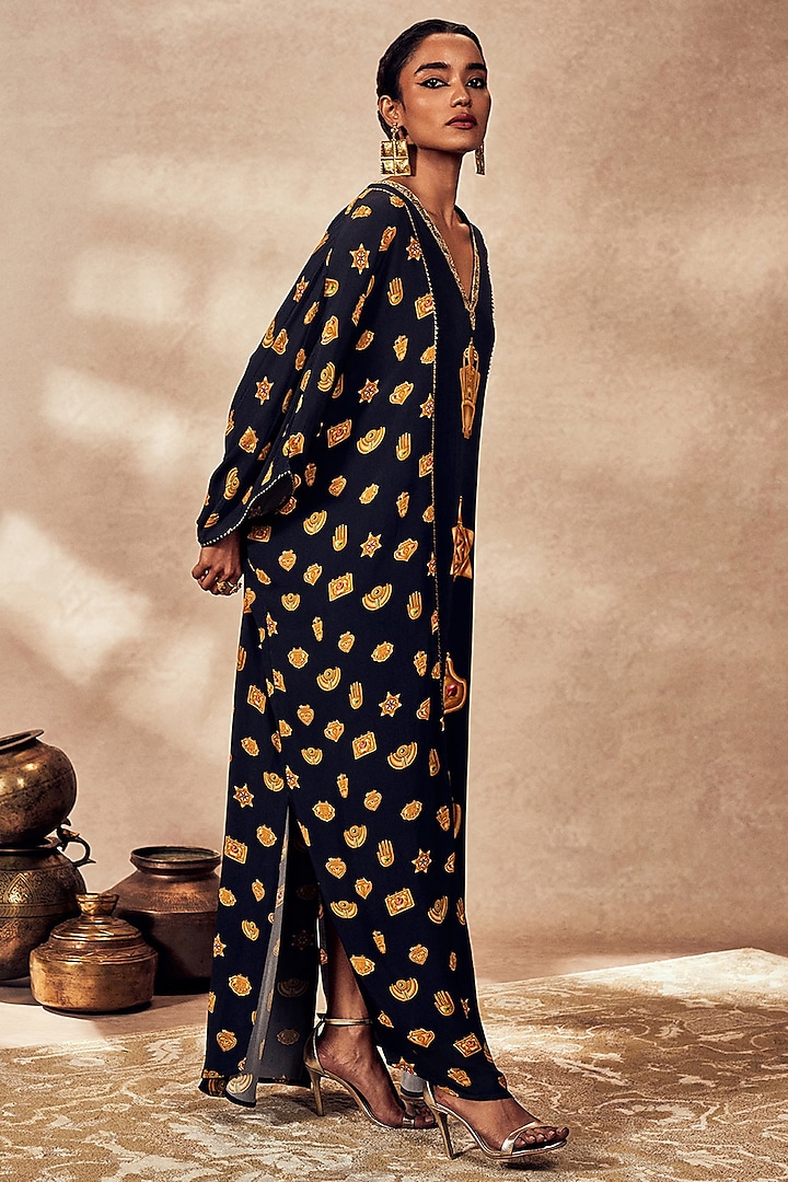 Black Crepe Silk Trinket Patchwork Kaftan by Masaba at Pernia's Pop Up Shop