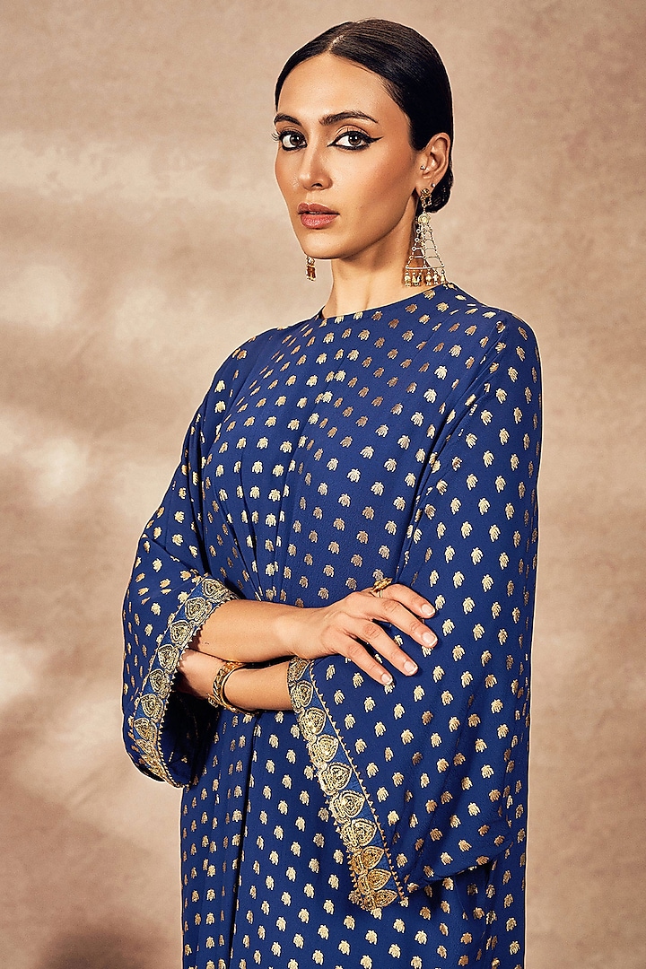 Blue Crepe Silk Foil Printed & Kinari Embroidered Kaftan by Masaba at Pernia's Pop Up Shop