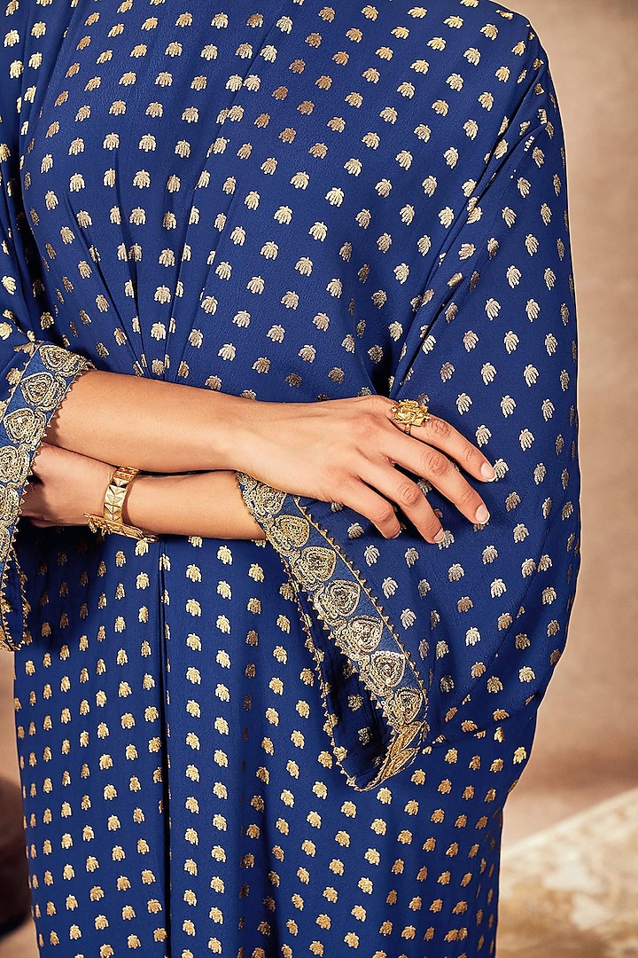 Blue Crepe Silk Foil Printed & Kinari Embroidered Kaftan by Masaba at Pernia's Pop Up Shop