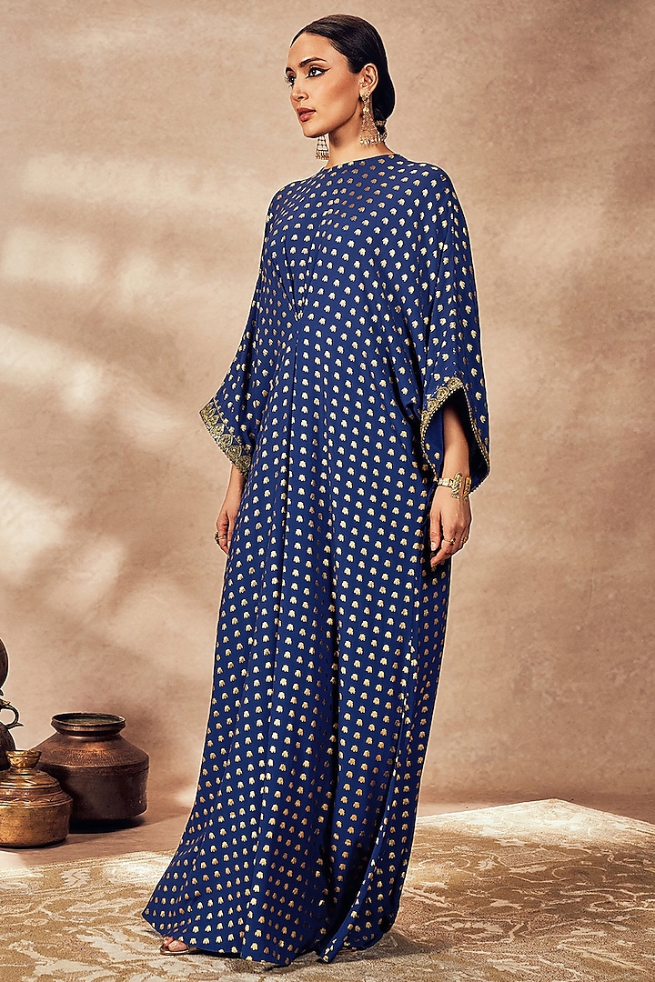 Blue Crepe Silk Foil Printed & Kinari Embroidered Kaftan by Masaba at Pernia's Pop Up Shop
