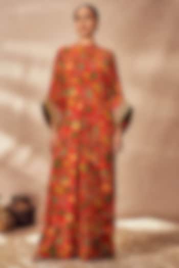 Red Crepe Silk Digital Printed & Embroidered Kaftan by Masaba at Pernia's Pop Up Shop