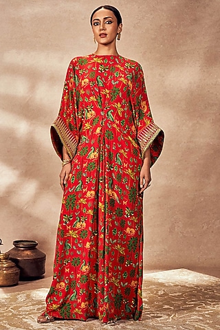 Red Crepe Silk Digital Printed & Embroidered Kaftan by Masaba