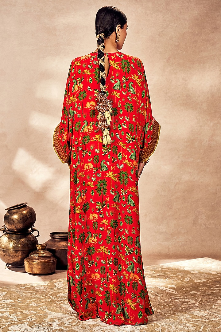 Red Crepe Silk Digital Printed & Embroidered Kaftan by Masaba at Pernia's Pop Up Shop