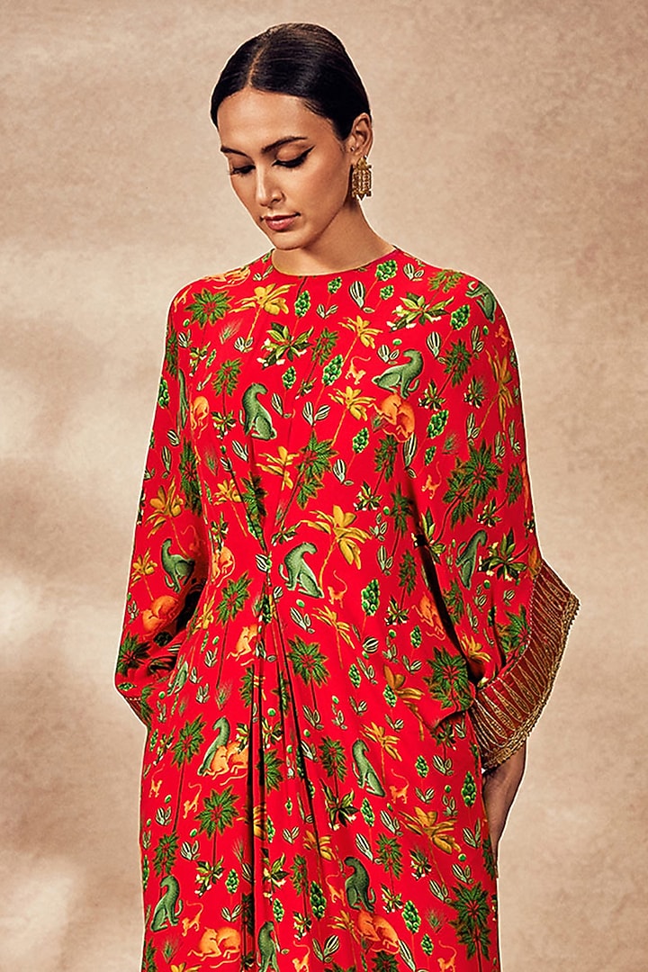Red Crepe Silk Digital Printed & Embroidered Kaftan by Masaba at Pernia's Pop Up Shop