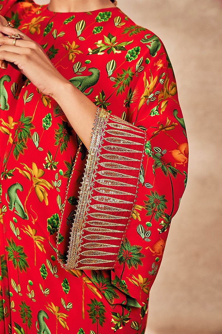 Red Crepe Silk Digital Printed & Embroidered Kaftan by Masaba at Pernia's Pop Up Shop