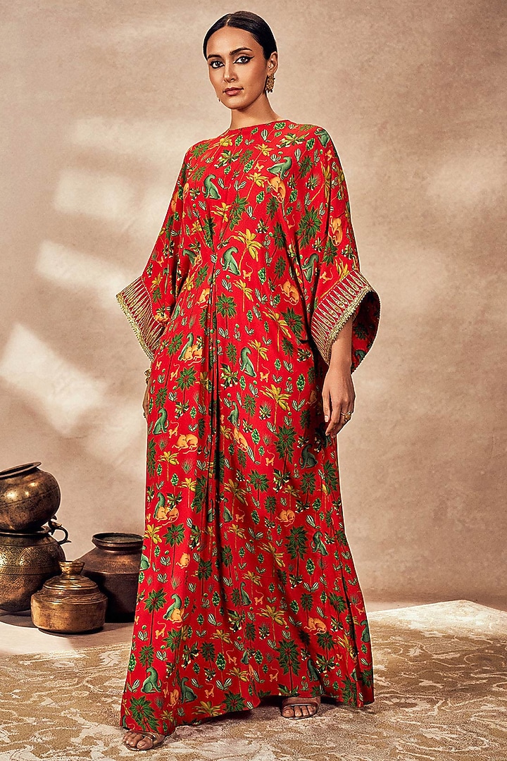 Red Crepe Silk Digital Printed & Embroidered Kaftan by Masaba at Pernia's Pop Up Shop