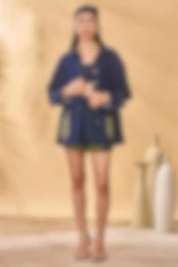 Midnight Blue Crepe Silk & Denim Printed Co-Ord Set by Masaba at Pernia's Pop Up Shop