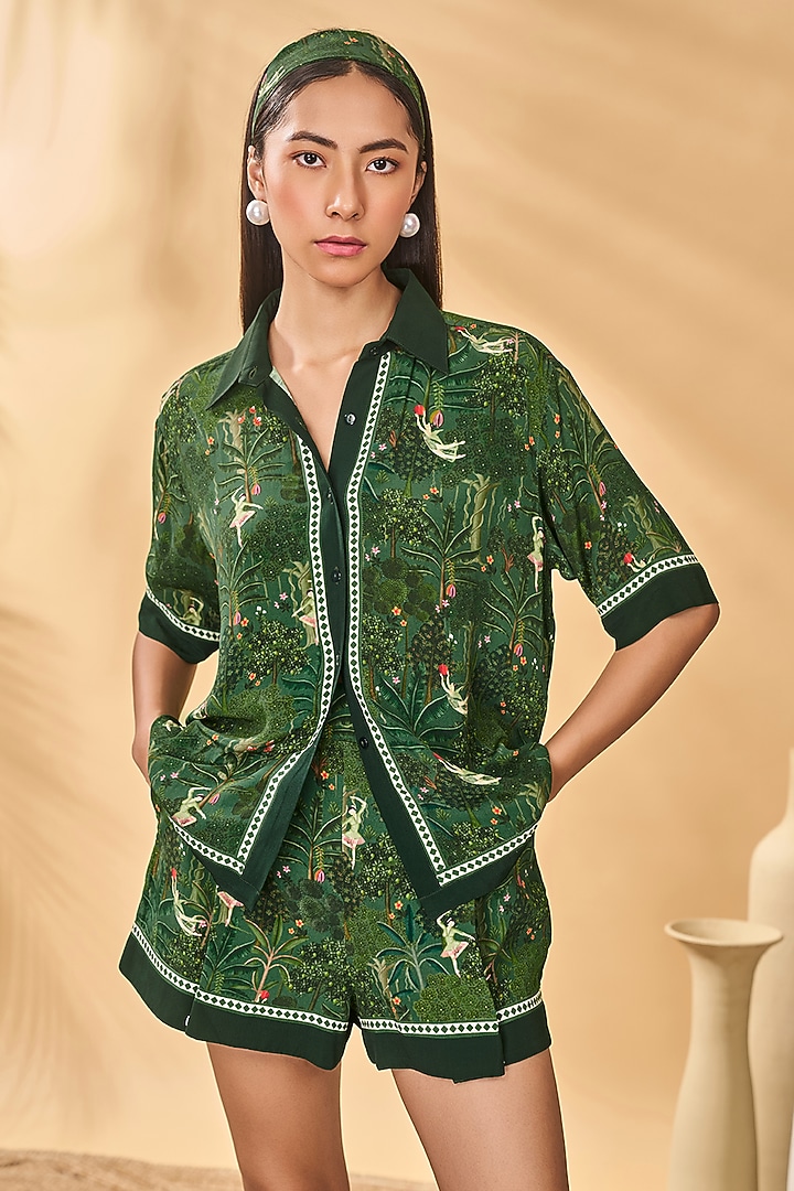 Green Crepe Silk Printed Shirt by Masaba at Pernia's Pop Up Shop