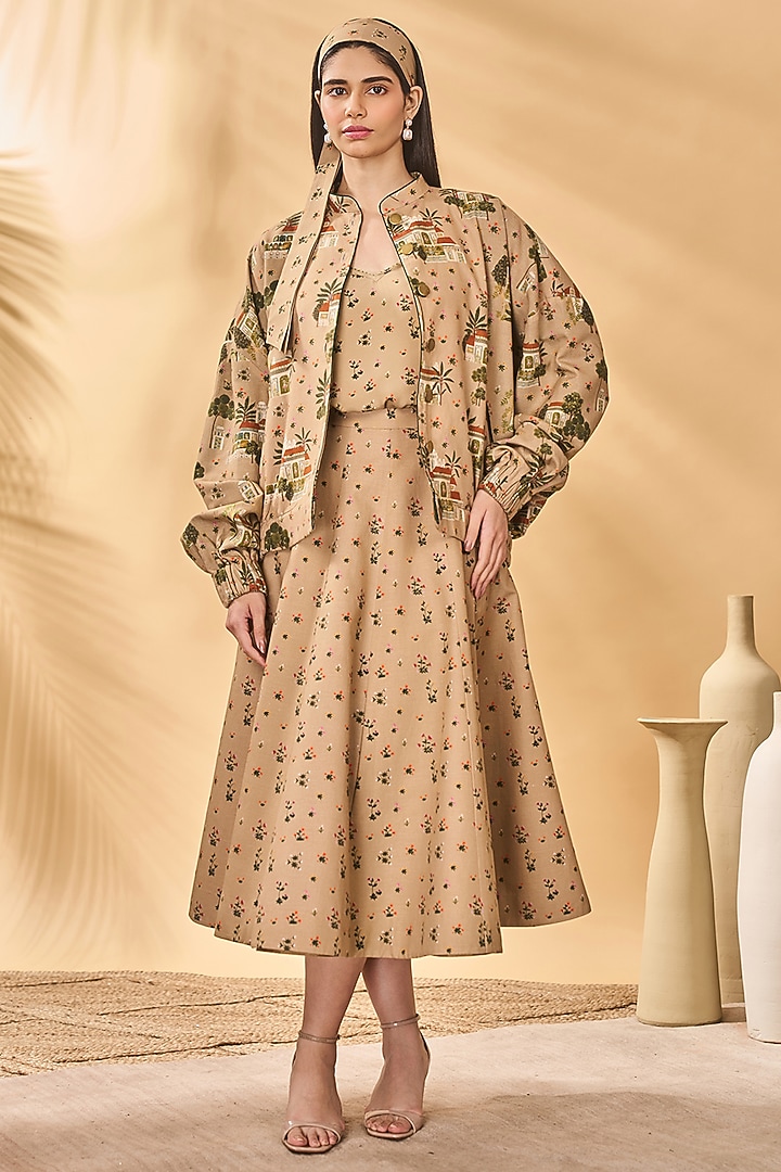 Beige Cotton Linen Paneled Skirt by Masaba at Pernia's Pop Up Shop