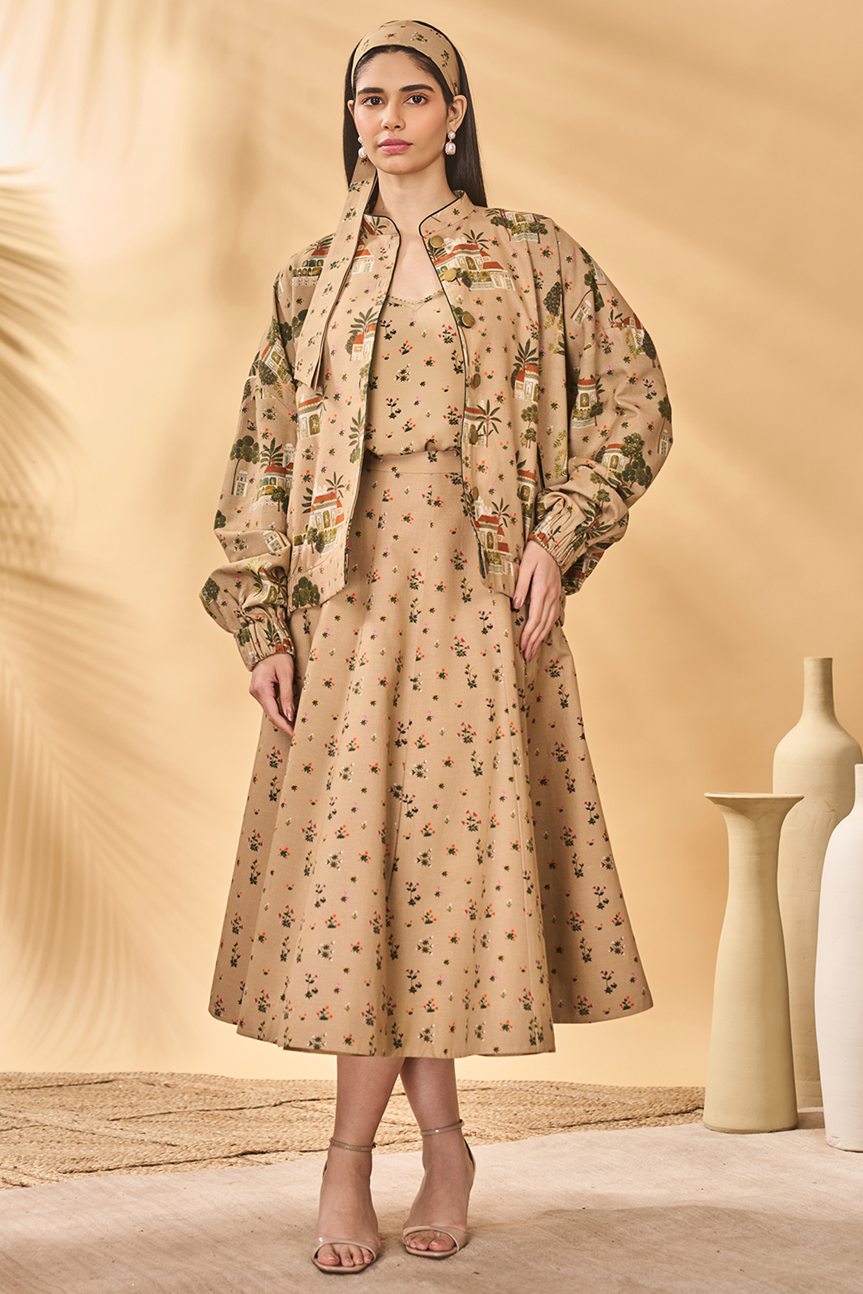 Beige Cotton Linen Bomber jacket Set by Masaba at Pernia's Pop Up Shop