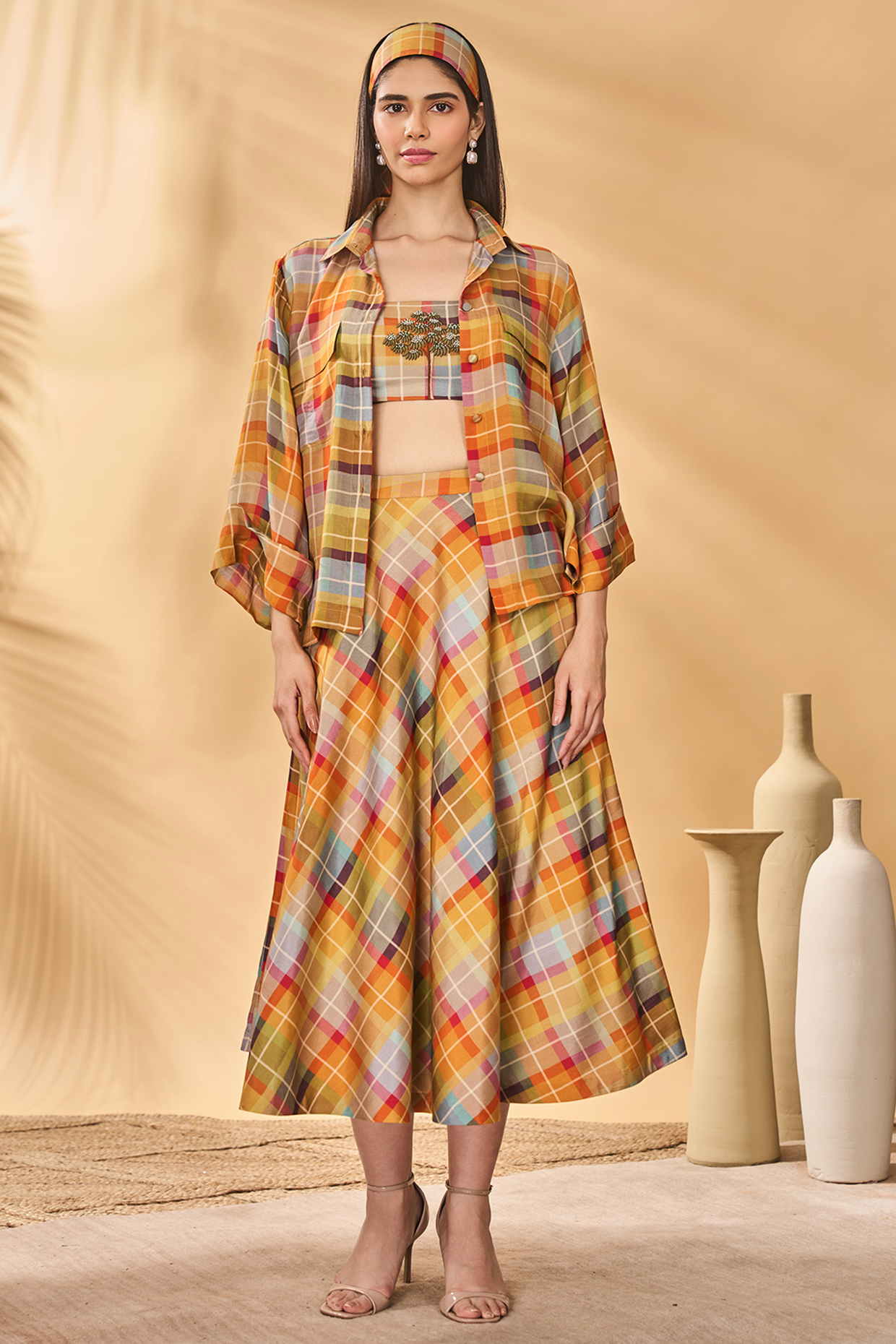 Multi-Colored Mul Silk Checkered Flared Circle Skirt by Masaba at Pernia's Pop Up Shop