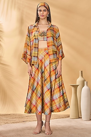 Multi-colored Mul Silk Checkered Flared Circle Skirt Set by Masaba