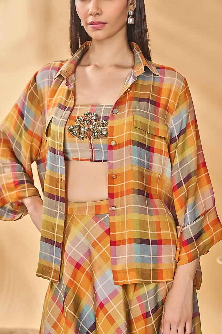 Multi-colored Mul Silk Checkered Flared Circle Skirt Set by Masaba at Pernia's Pop Up Shop