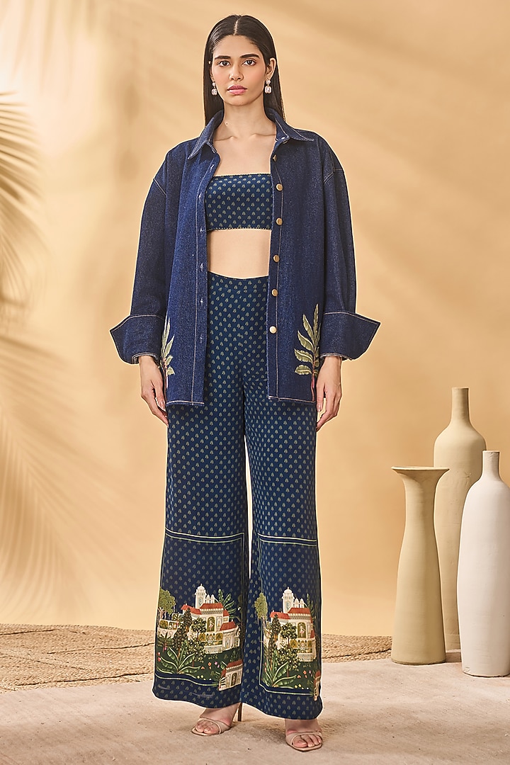 Midnight Blue Denim Palm Patchwork Shirt Co-Ord Set by Masaba at Pernia's Pop Up Shop
