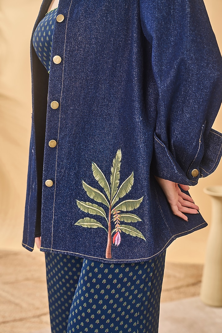 Midnight Blue Denim Palm Patchwork Shirt Co-Ord Set by Masaba at Pernia's Pop Up Shop