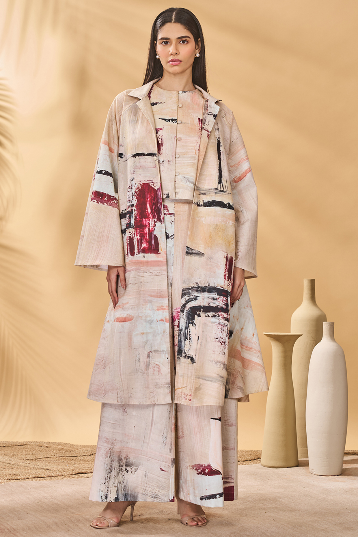 Ivory & Red Linen Printed A-Line Jacket Set by Masaba at Pernia's Pop Up Shop