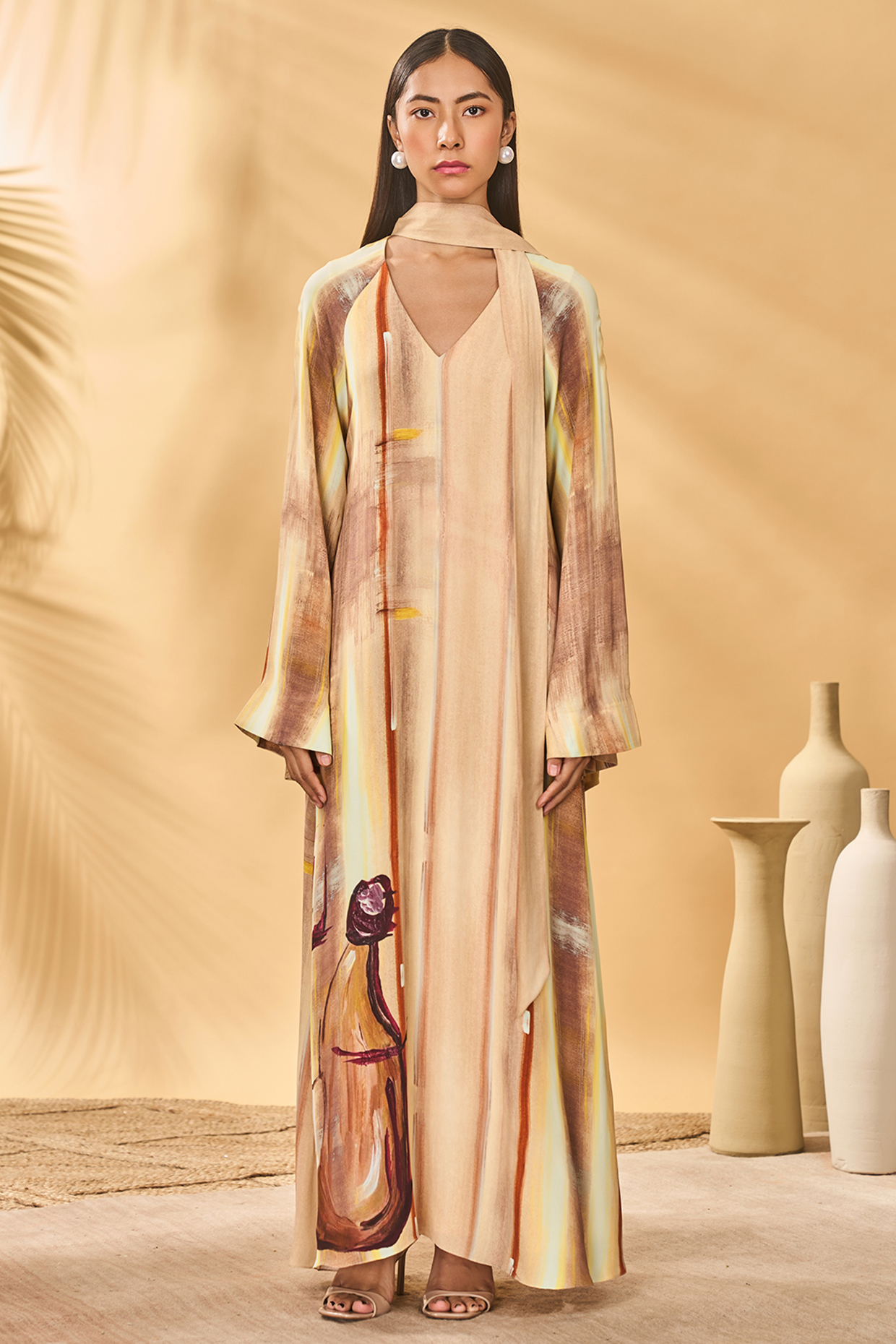 Beige Crepe Silk Printed Reversible Kaftan by Masaba at Pernia's Pop Up Shop