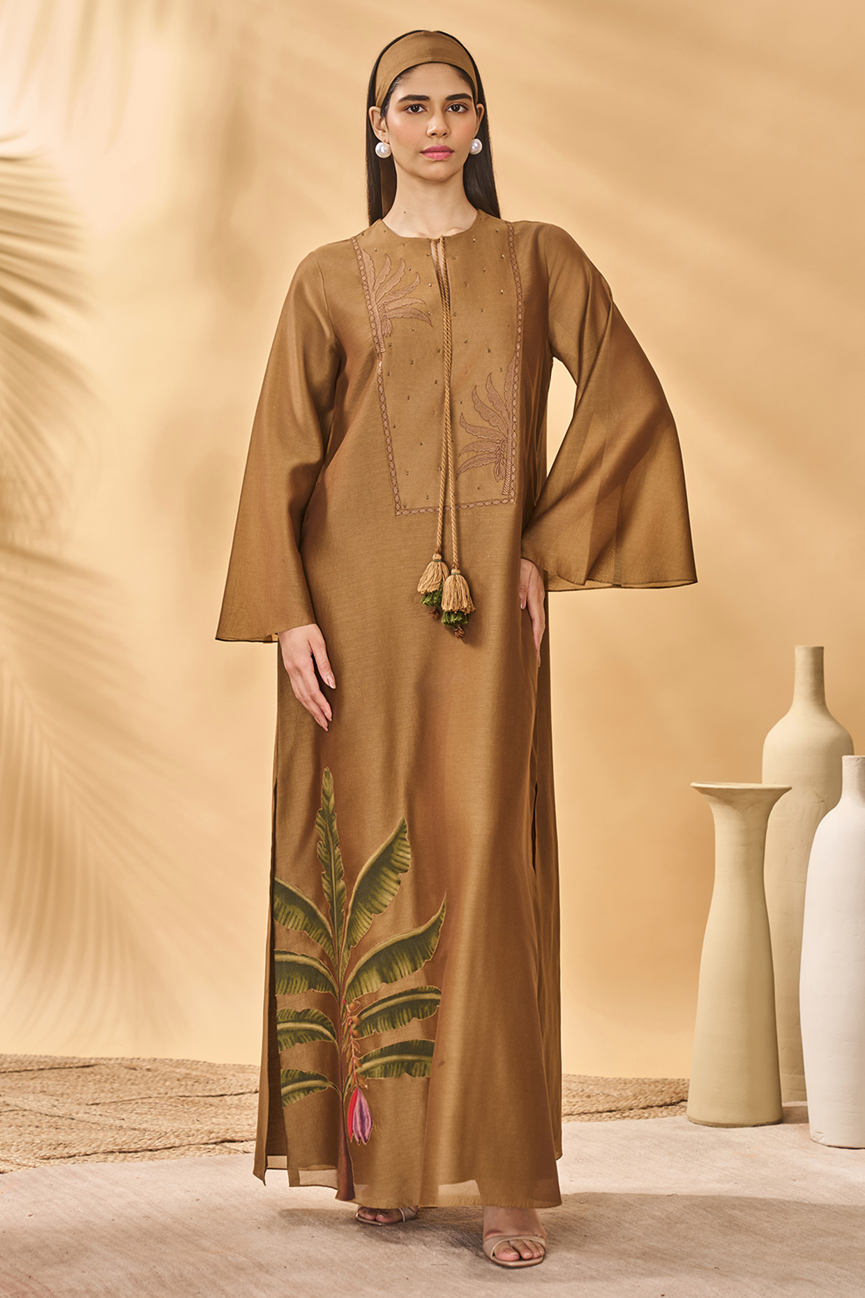 Tan Chanderi Embroidered & Printed Kaftan by Masaba at Pernia's Pop Up Shop