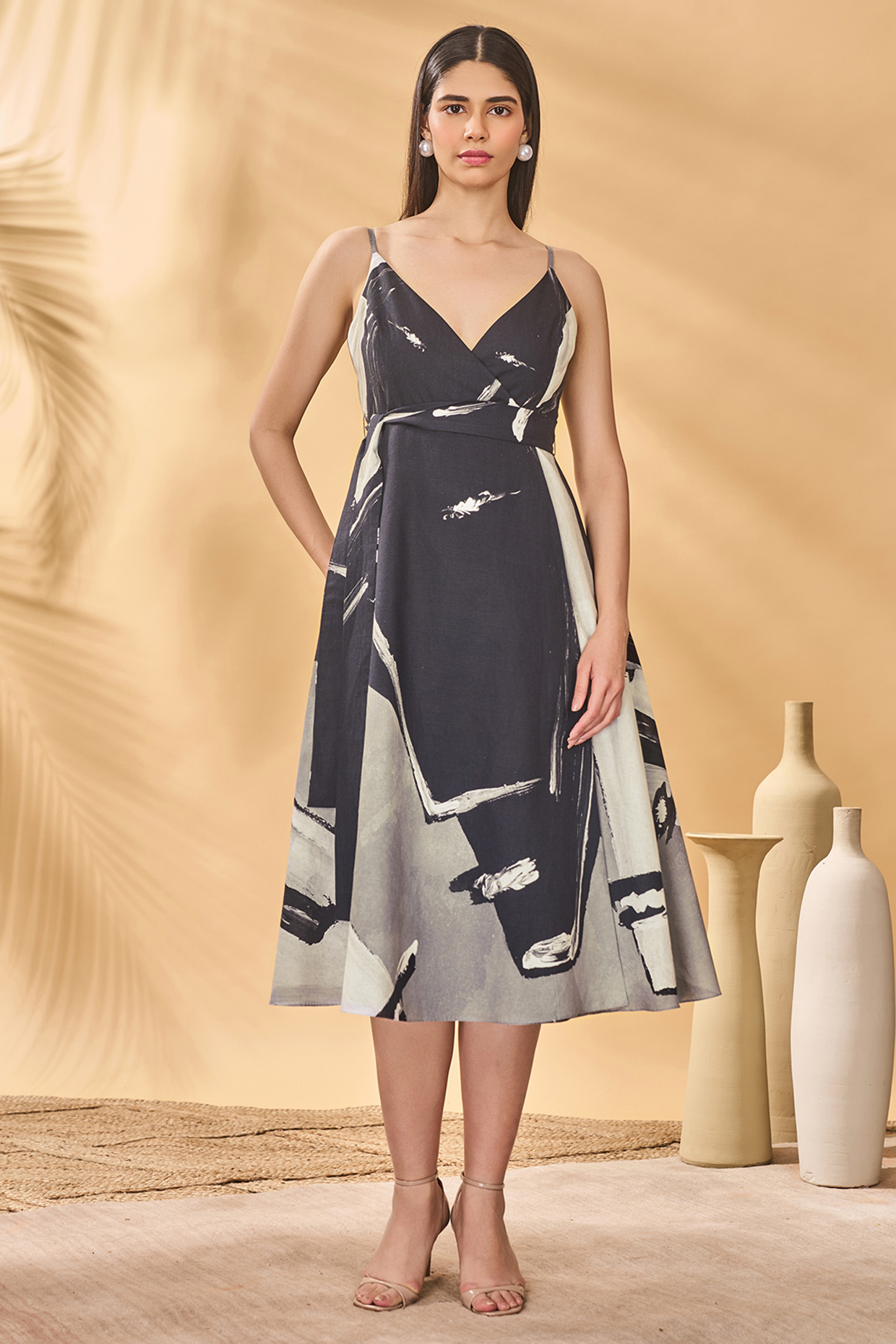 Dark Grey Linen Printed Midi Wrap Vacation Dress by Masaba at Pernia's Pop Up Shop