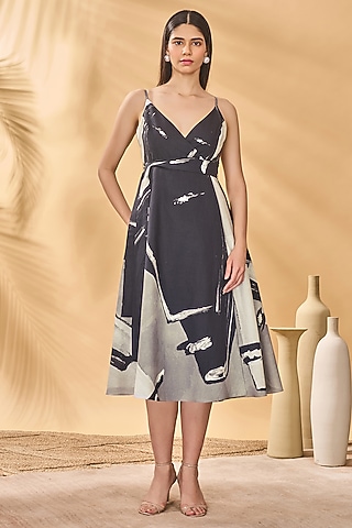 Dark Grey Linen Printed Midi Wrap Dress by Masaba
