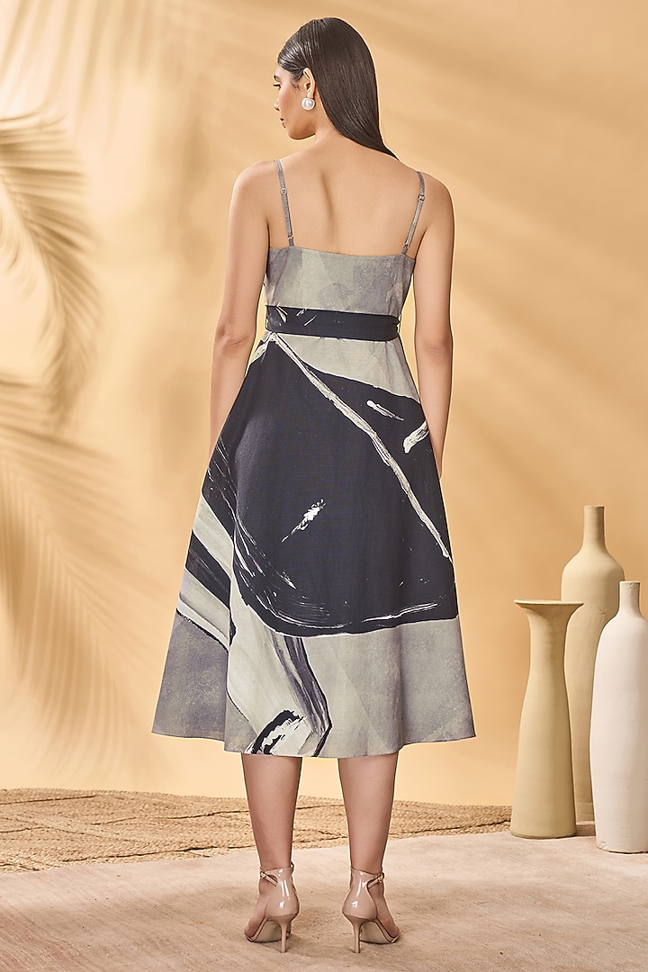 Dark Grey Linen Printed Midi Wrap Vacation Dress by Masaba at Pernia's Pop Up Shop
