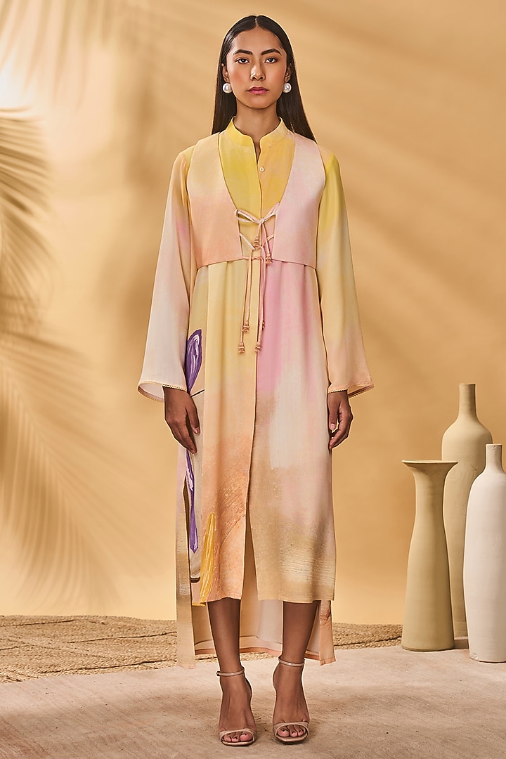 Ochre Yellow Crepe Silk Printed Midi Summer Shirt Dress by Masaba at Pernia's Pop Up Shop