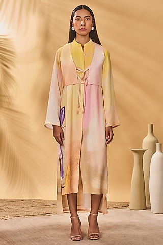 Ochre Yellow Crepe Silk Printed Midi Shirt Dress by Masaba