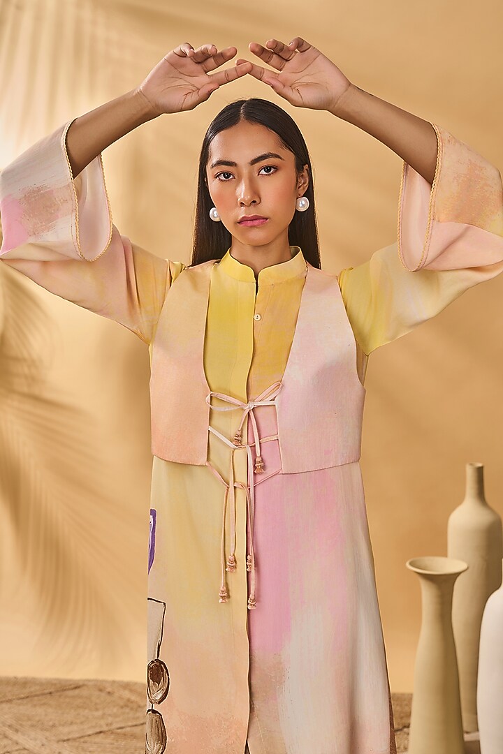 Ochre Yellow Crepe Silk Printed Midi Summer Shirt Dress by Masaba at Pernia's Pop Up Shop