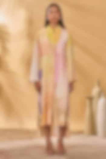 Ochre Yellow Crepe Silk Printed Vacation Shirt Dress With Waistcoat by Masaba at Pernia's Pop Up Shop
