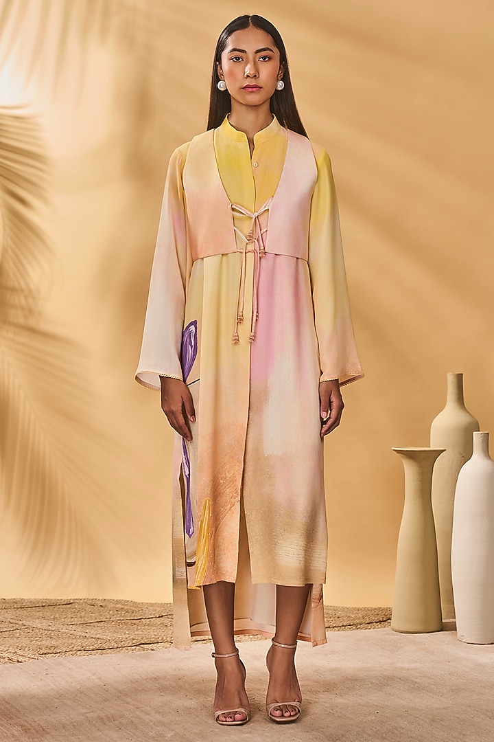Ochre Yellow Crepe Silk Printed Vacation Shirt Dress With Waistcoat by Masaba at Pernia's Pop Up Shop