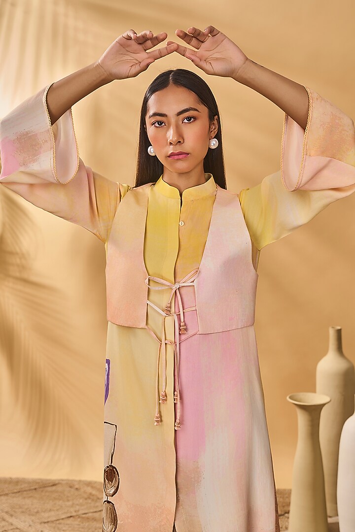 Ochre Yellow Crepe Silk Printed Vacation Shirt Dress With Waistcoat by Masaba at Pernia's Pop Up Shop