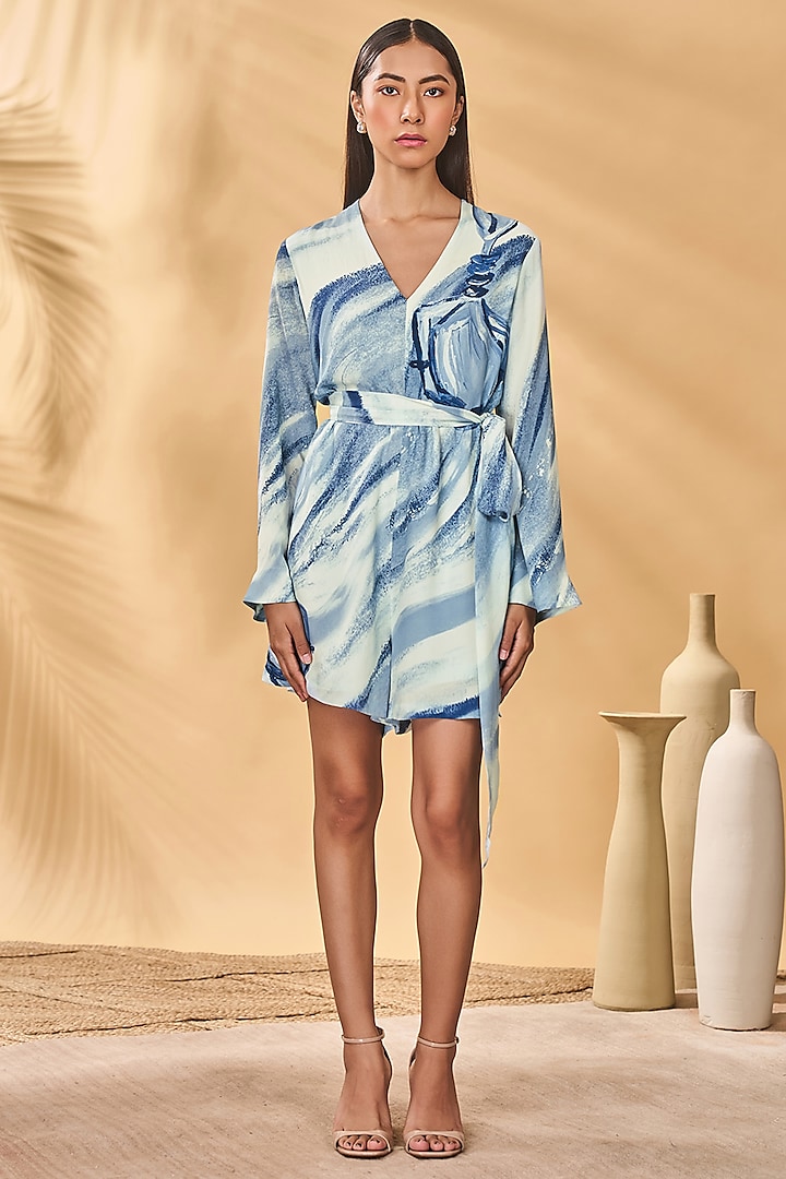 Blue Crepe Silk Printed Playsuit by Masaba at Pernia's Pop Up Shop