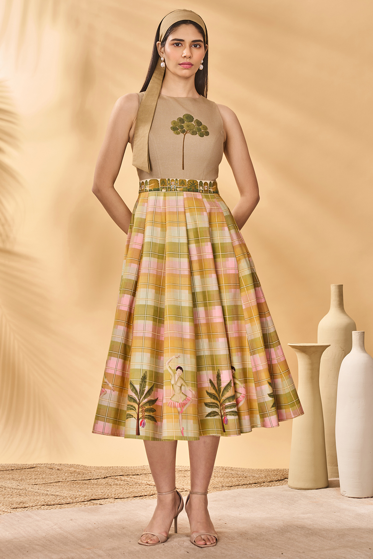 Multi-Colored Cotton Linen Palm Printed Midi Vacation Dress by Masaba at Pernia's Pop Up Shop