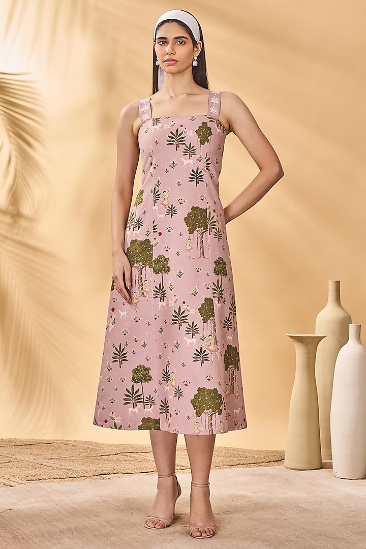 Pink Cotton Linen Printed Midi Summer Dress by Masaba at Pernia's Pop Up Shop