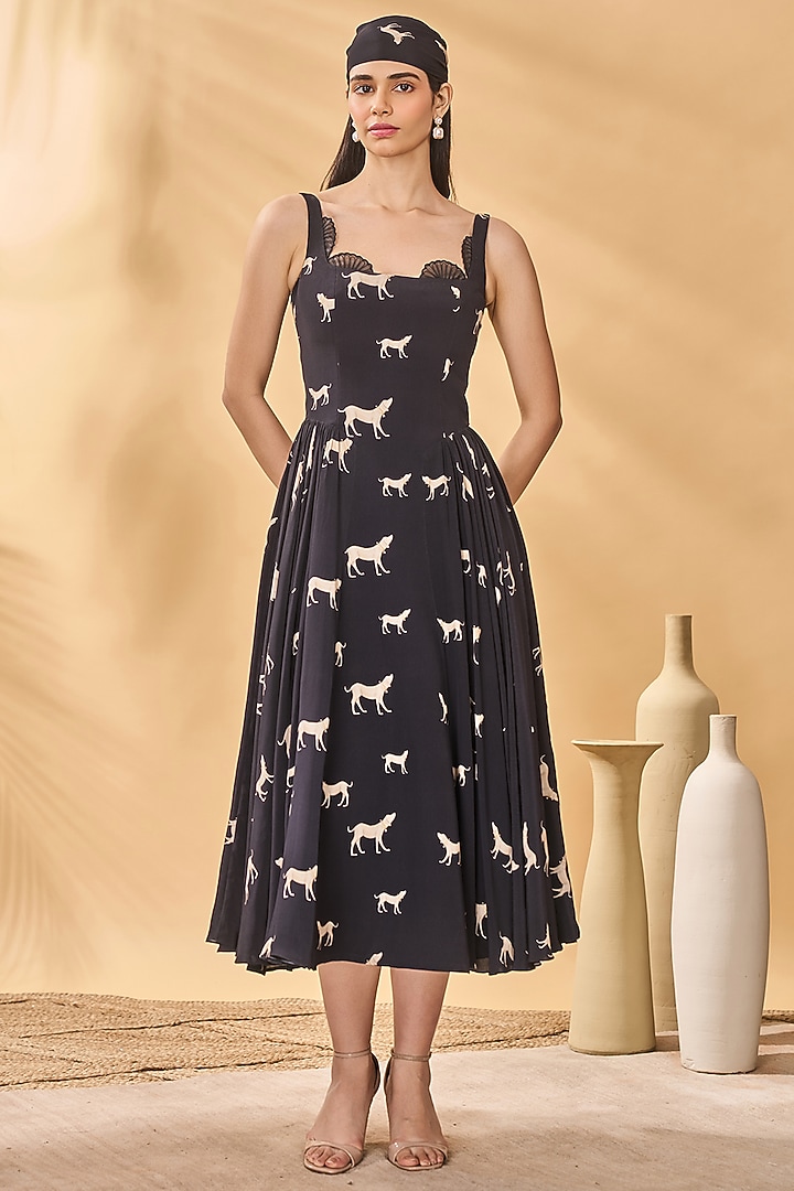 Black Crepe Silk Printed Corset Vacation Dress by Masaba at Pernia's Pop Up Shop
