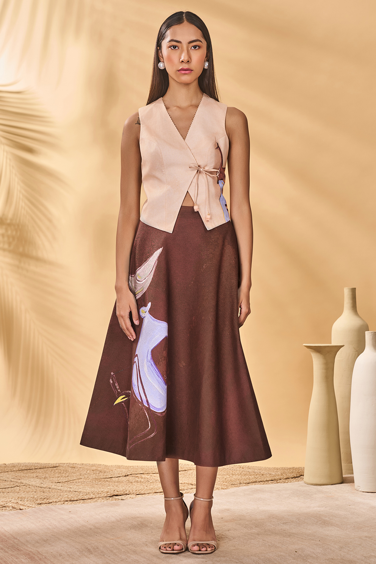 Apricot Colored Linen Printed Waistcoat by Masaba at Pernia's Pop Up Shop