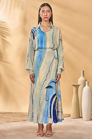 Beige & Blue Crepe Silk Printed Wrap Around Skirt by Masaba