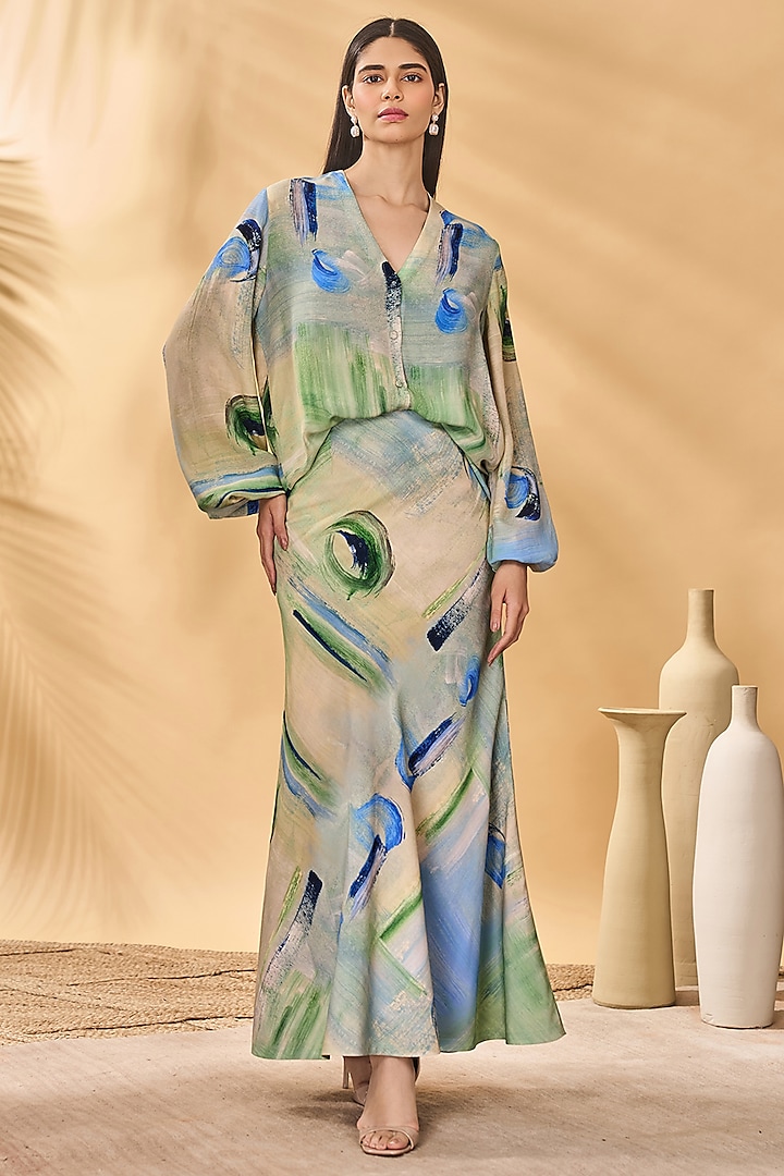 Blue & Green Crepe Silk Printed Skirt Set by Masaba at Pernia's Pop Up Shop