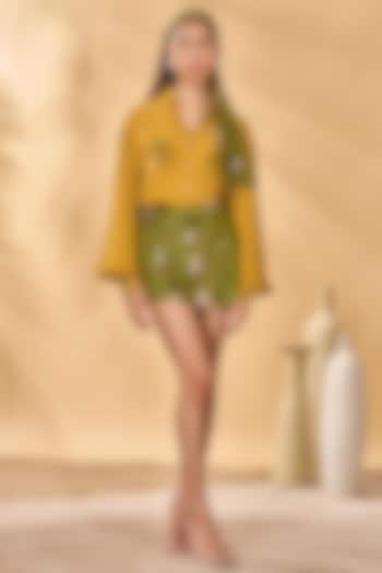 Olive Green Cotton Linen Printed Skorts by Masaba at Pernia's Pop Up Shop