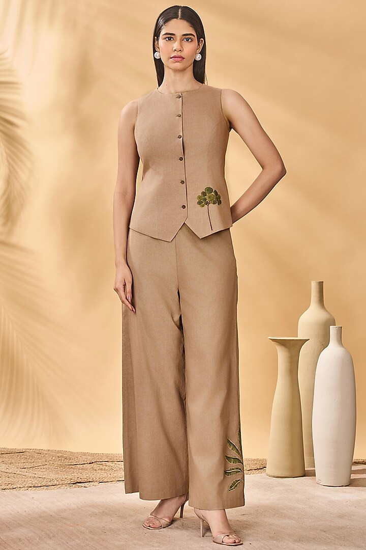 Beige Cotton Linen Patchwork Trousers by Masaba at Pernia's Pop Up Shop