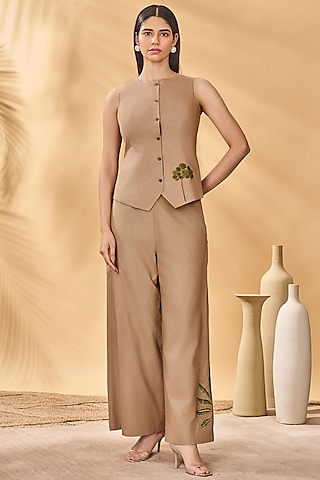 Beige Cotton Linen Patchwork Trousers by Masaba