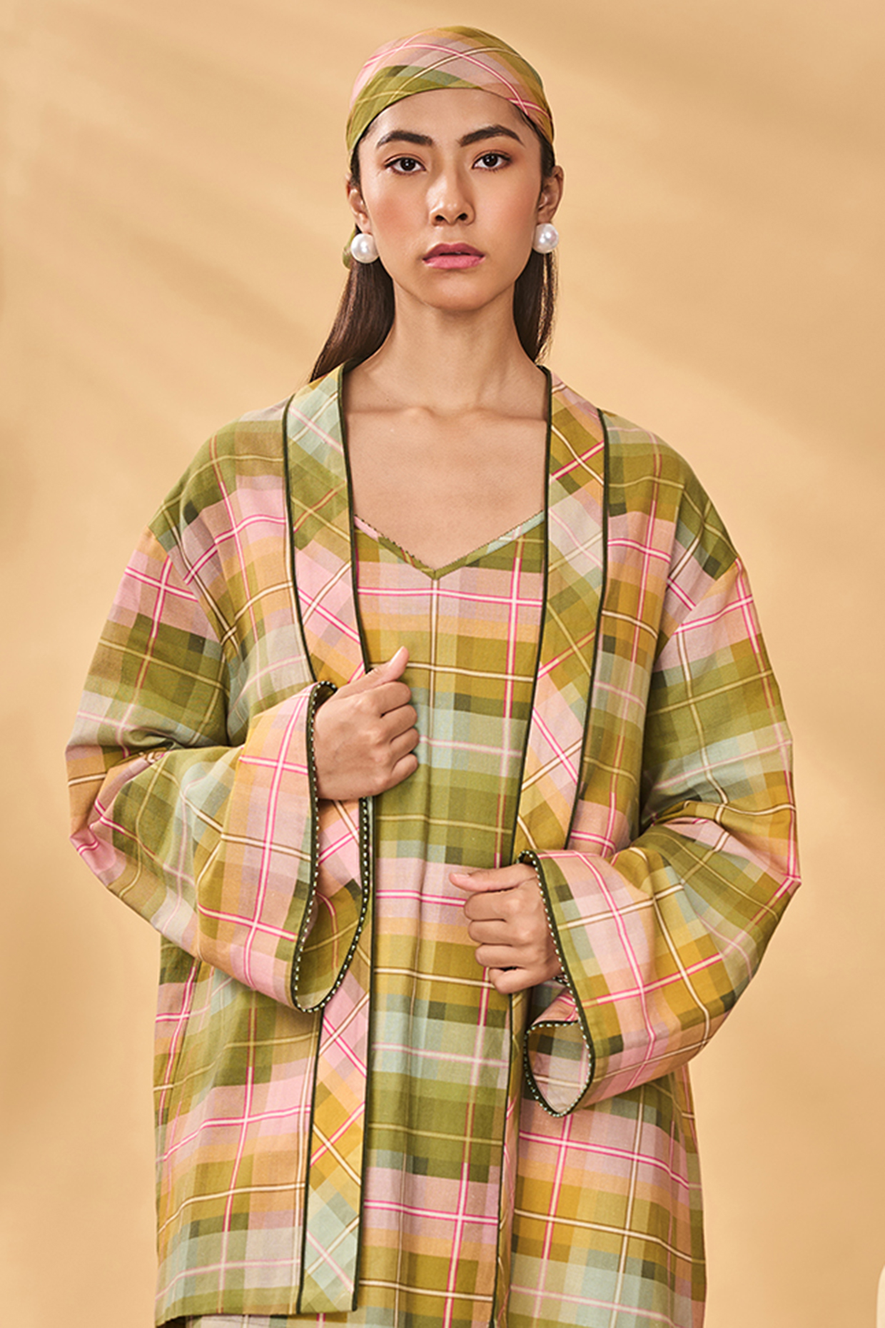 Multi-Colored Cotton Linen Checkered Kimono Jacket by Masaba at Pernia's Pop Up Shop