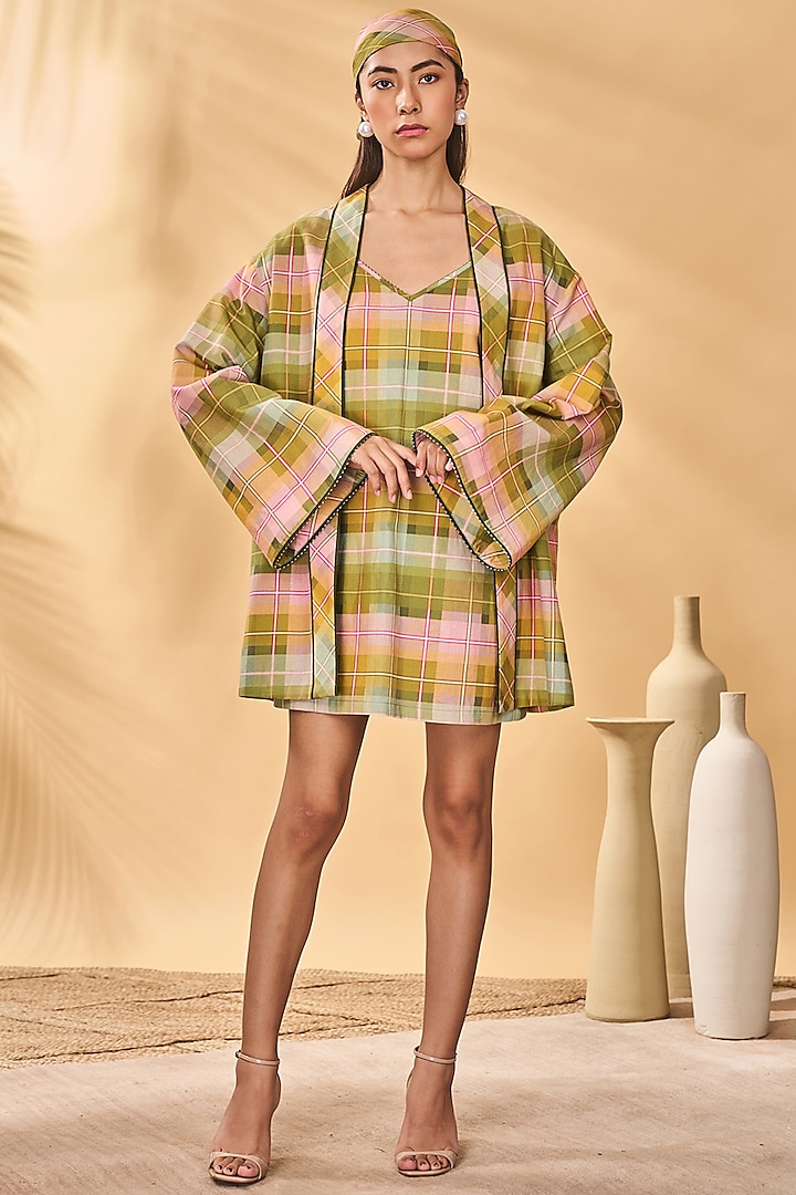 Multi-Colored Cotton Linen Checkered Jacket Vacation Dress by Masaba at Pernia's Pop Up Shop