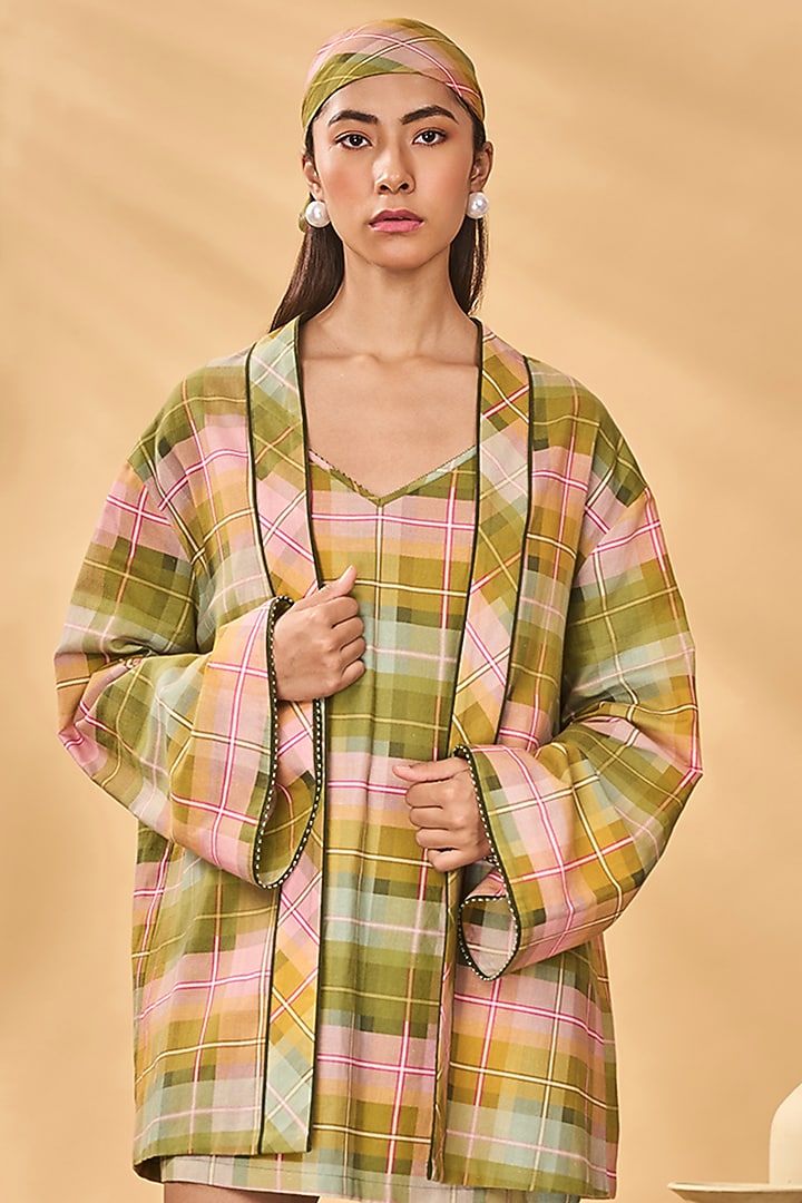 Multi-Colored Cotton Linen Checkered Jacket Vacation Dress by Masaba at Pernia's Pop Up Shop