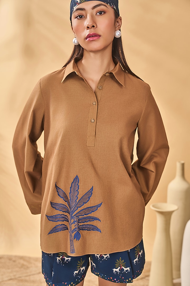 Tan Cotton Linen Embroidered Top by Masaba at Pernia's Pop Up Shop