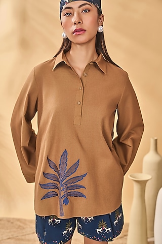 Tan Cotton Linen Embroidered Top by Masaba